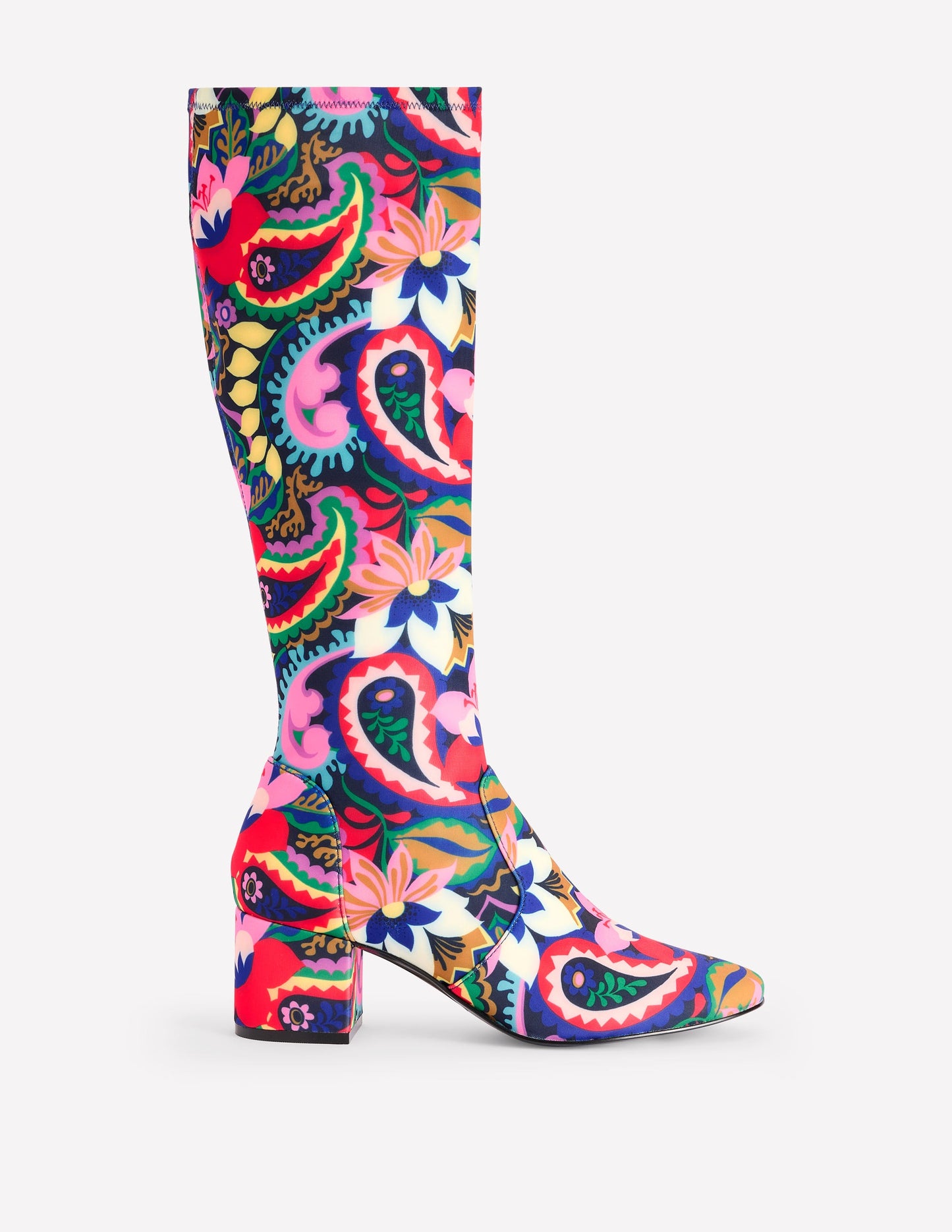 Kniehohe Stretchstiefel mit Absatz-Bunt, Botanik-Paisley