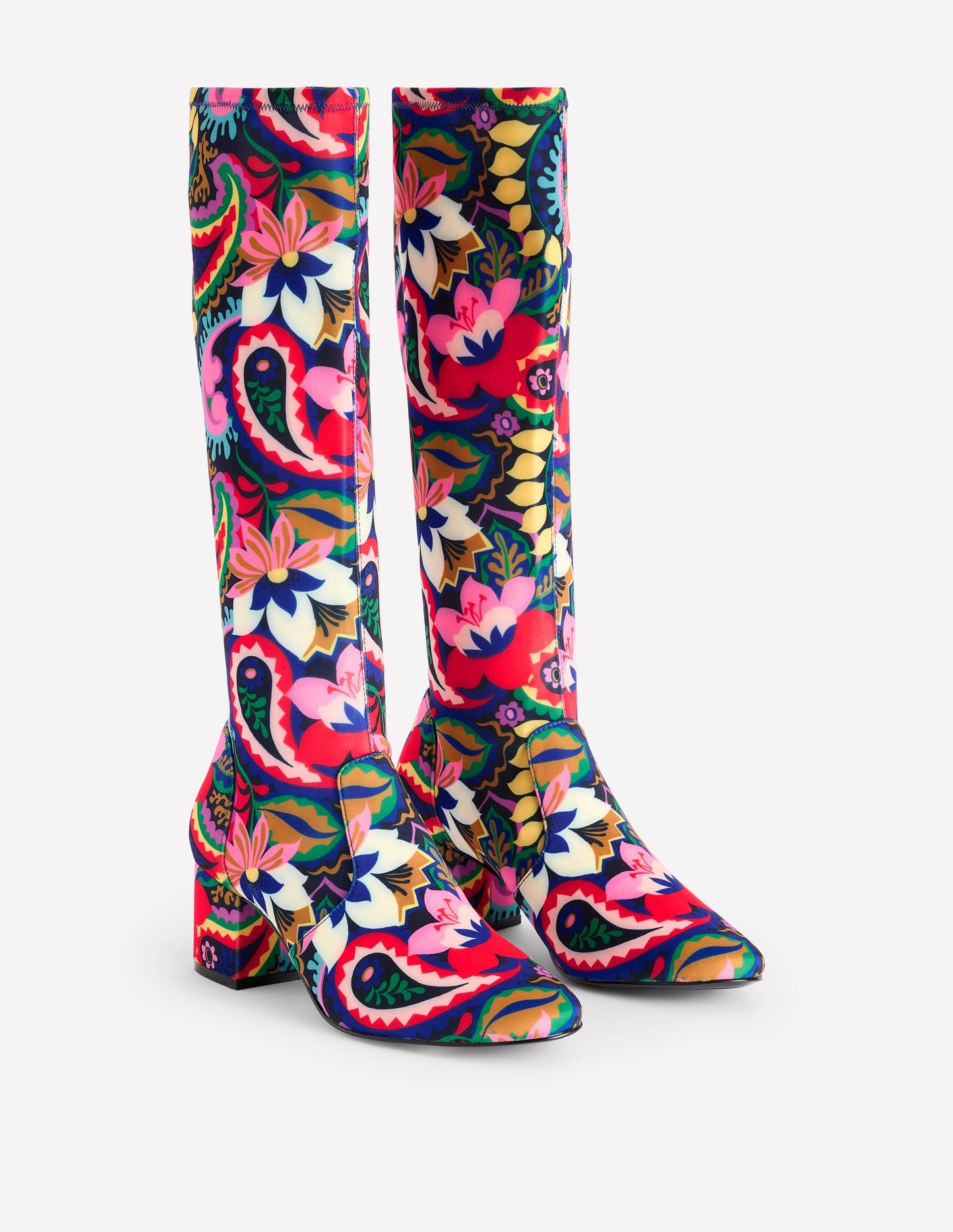 Kniehohe Stretchstiefel mit Absatz-Bunt, Botanik-Paisley