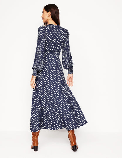 Ivy Smocked Midi Dress-College Navy, Abstract Dot