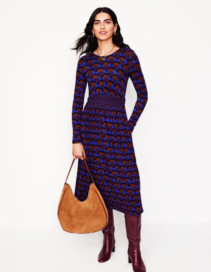 Thea Long Sleeve Jersey Dress-Damson, Poppy Stamp