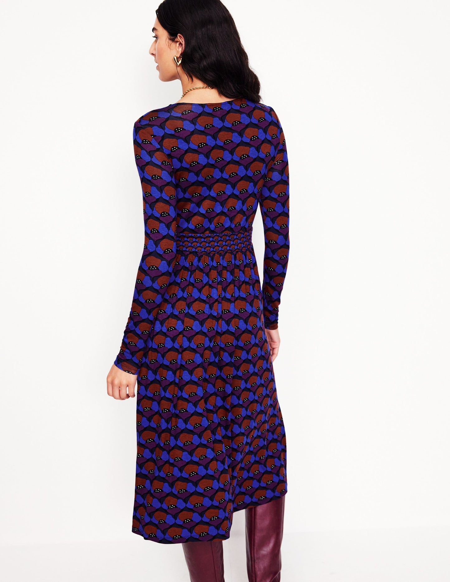 Thea Long Sleeve Jersey Dress-Damson, Poppy Stamp