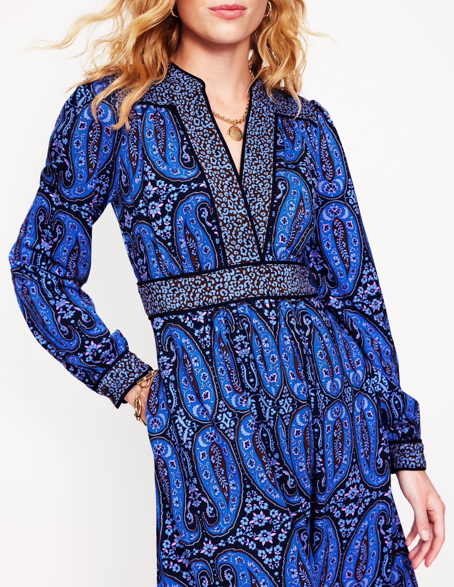 Hotched Ponte Dress-Blue, Paisley Bud