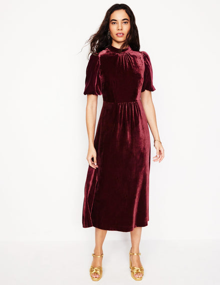 Robe col montant en velours-Bordeaux