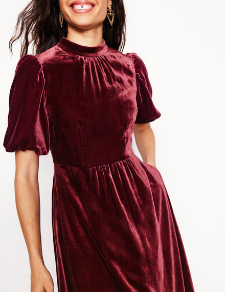 Robe col montant en velours-Bordeaux