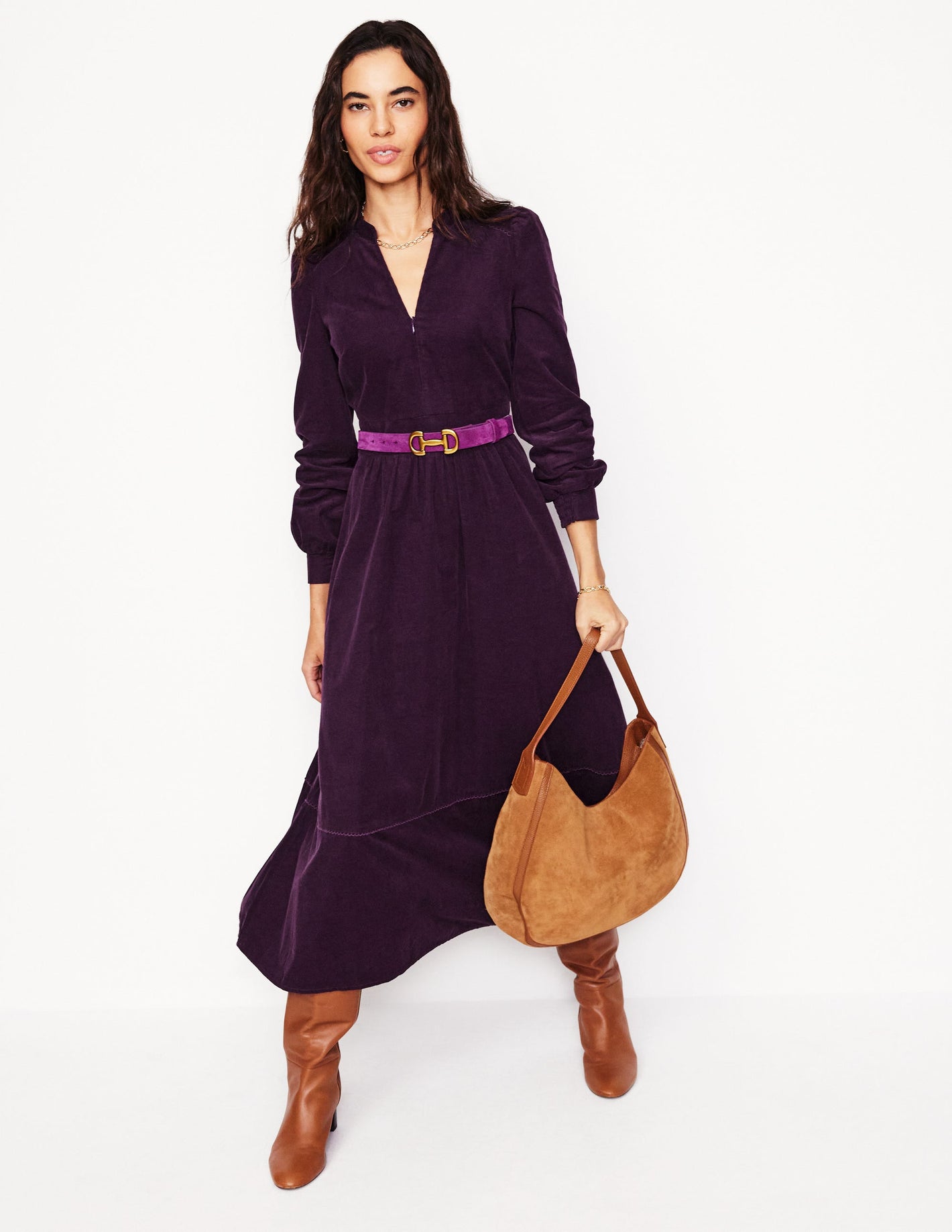 Robe midi Zoe à fermeture zippée en velours côtelé-Prune