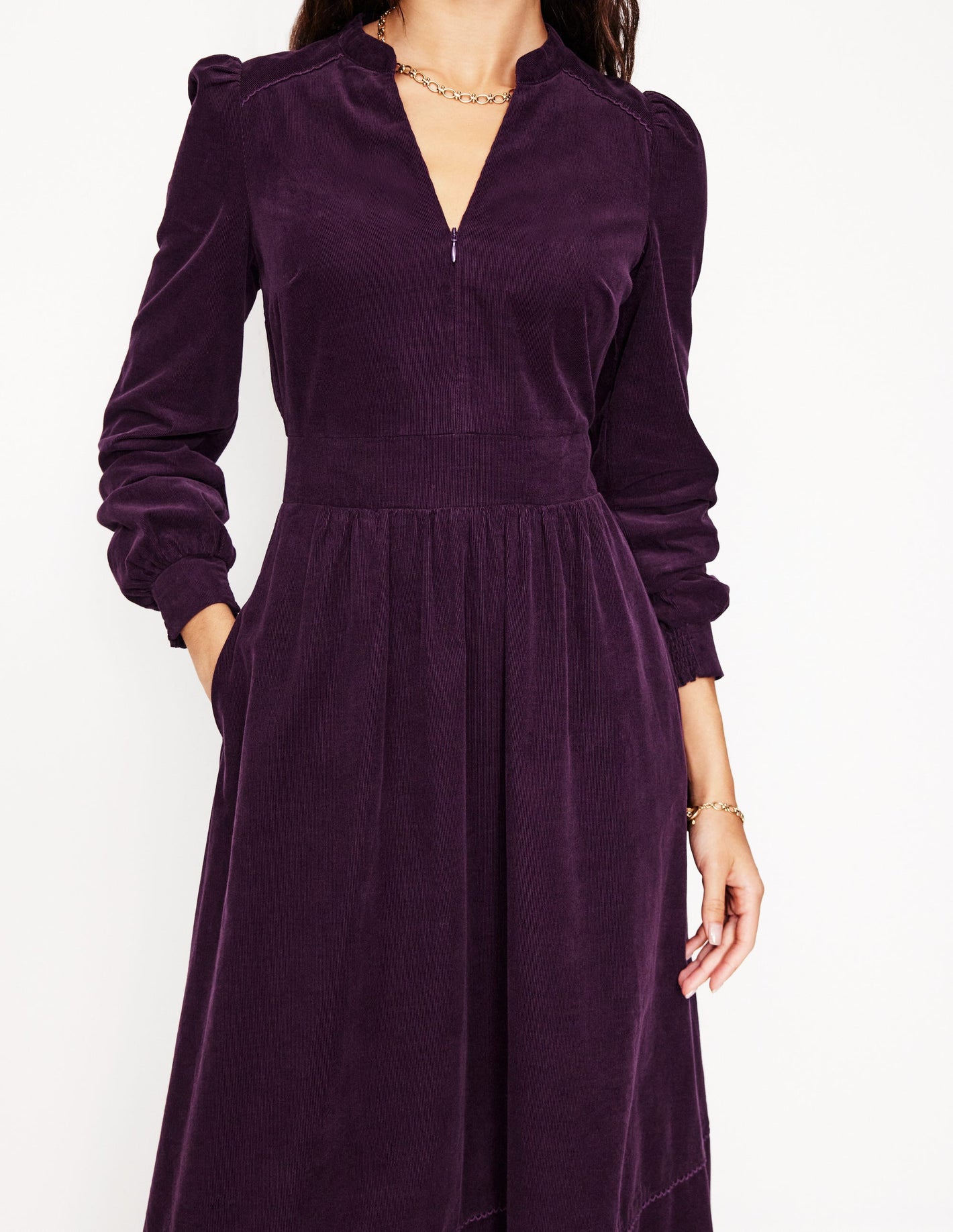 Robe midi Zoe à fermeture zippée en velours côtelé-Prune