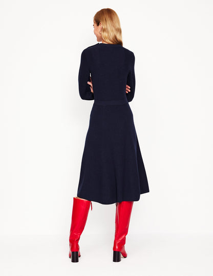 Button Shoulder Knitted Dress-Navy