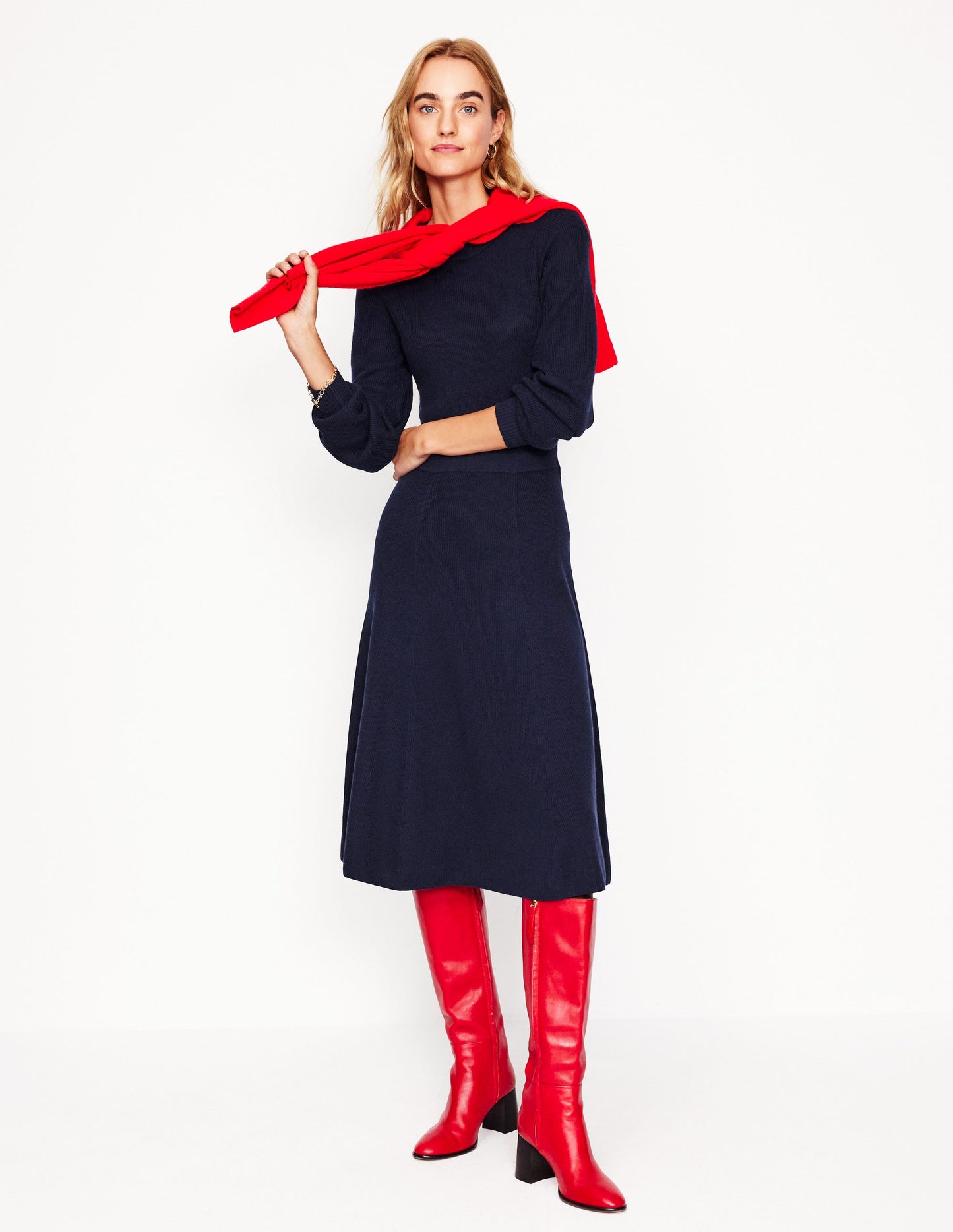 Button Shoulder Knitted Dress-Navy