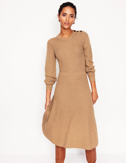 Button Shoulder Knitted Dress-Camel Melange