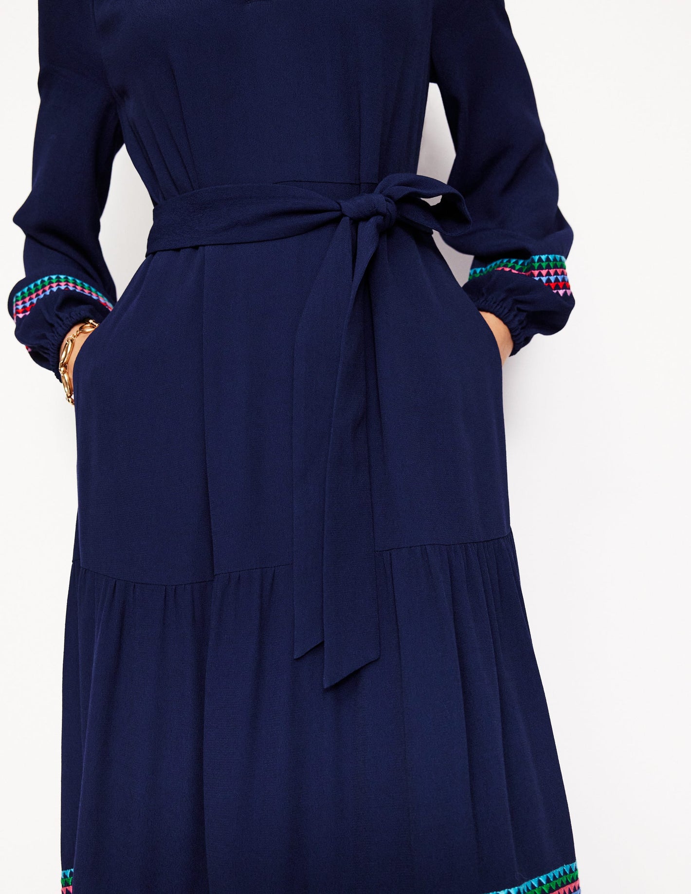 Embroidered Yoke Midi Dress-Navy