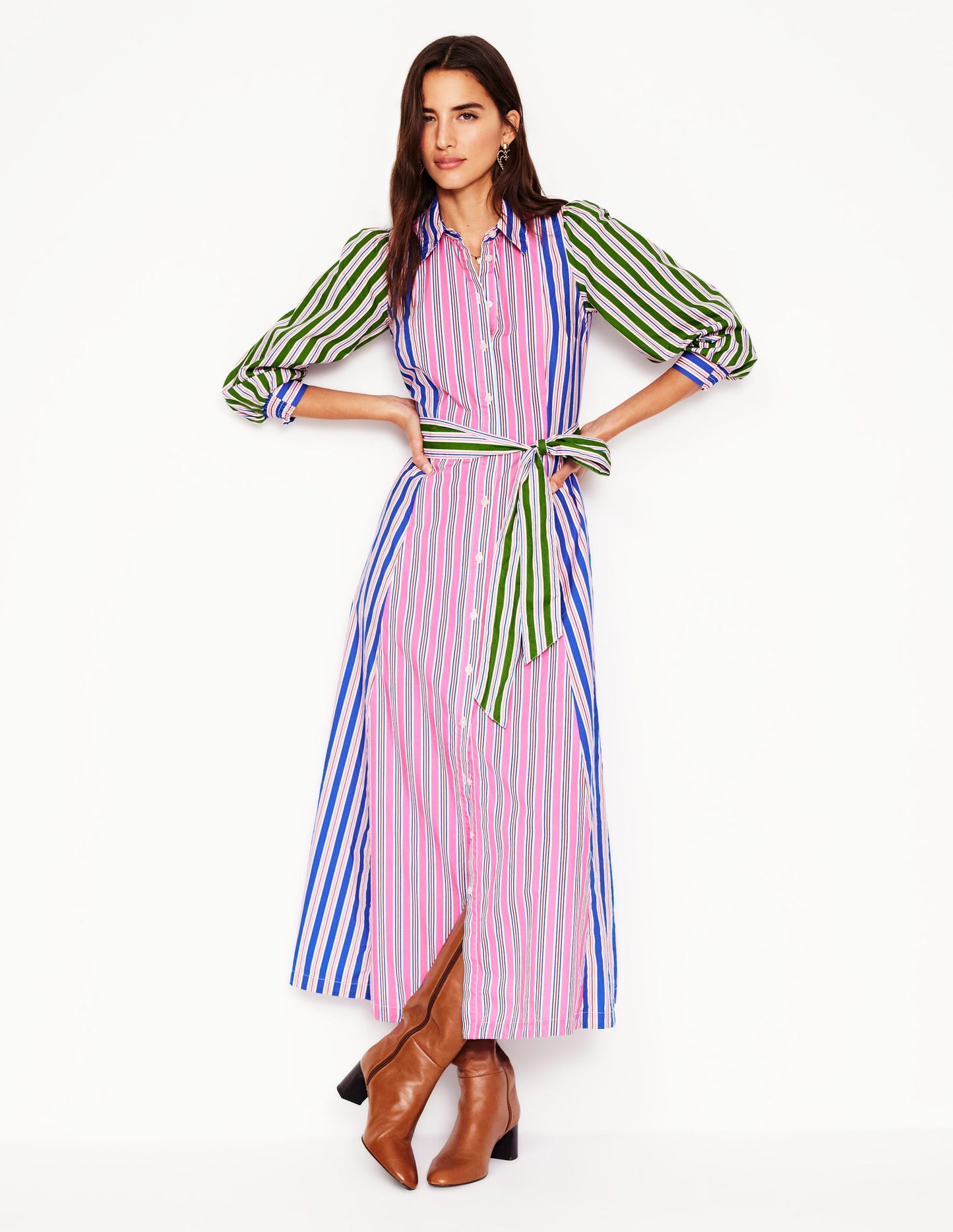 Clara Cotton Shirt Dress-Pink Rose, Red Stripe