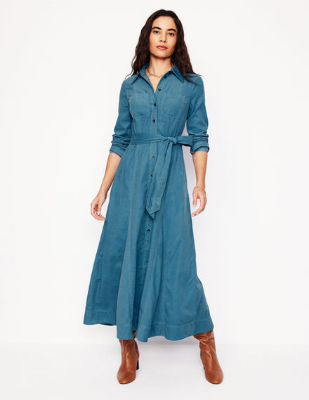 Robe-chemise midi Tess en velours côtelé-Bleu azur