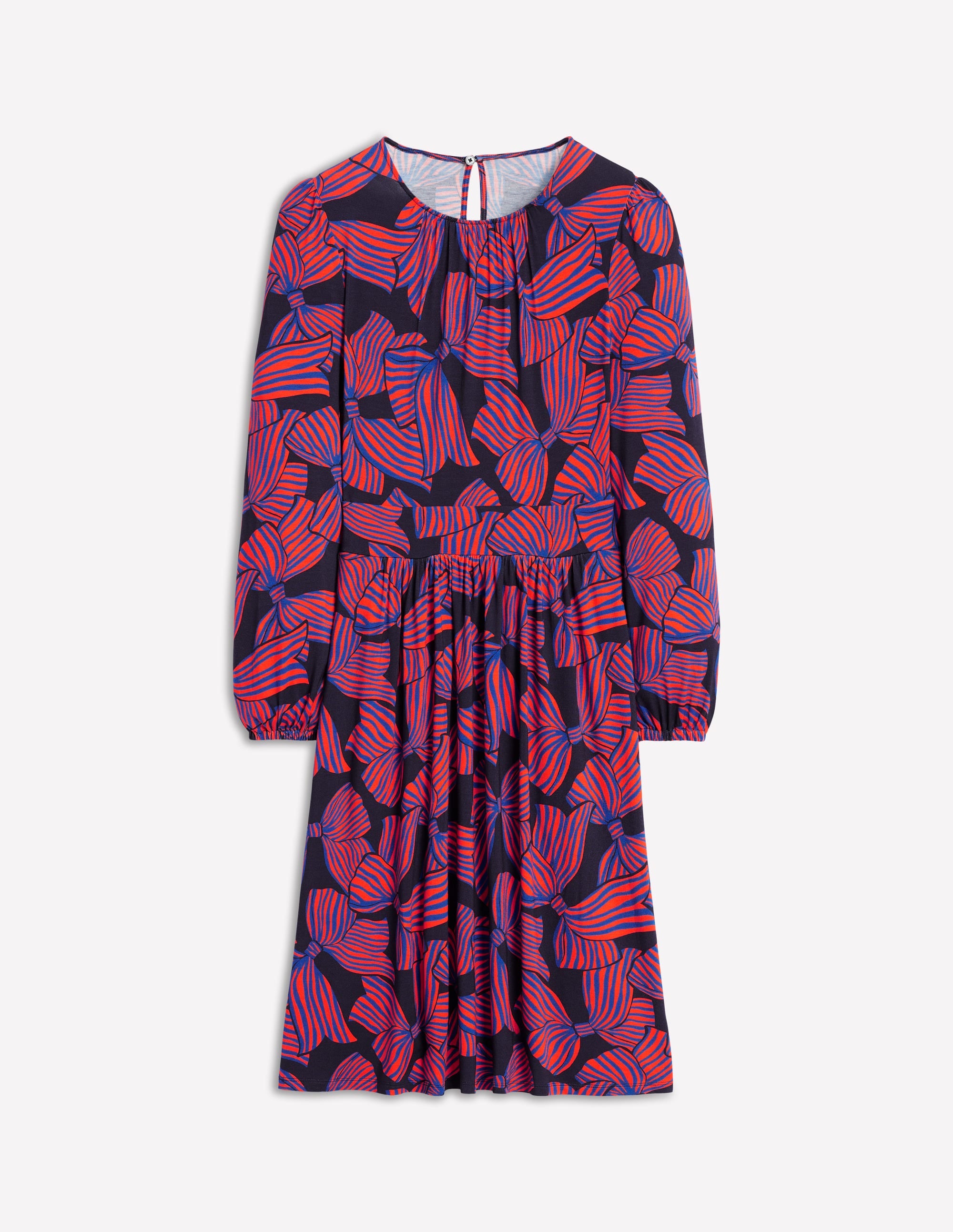 Alexandra Blouson-Jerseykleid-Französisches Marineblau, Großflächiges Schleifenmuster - Image 5