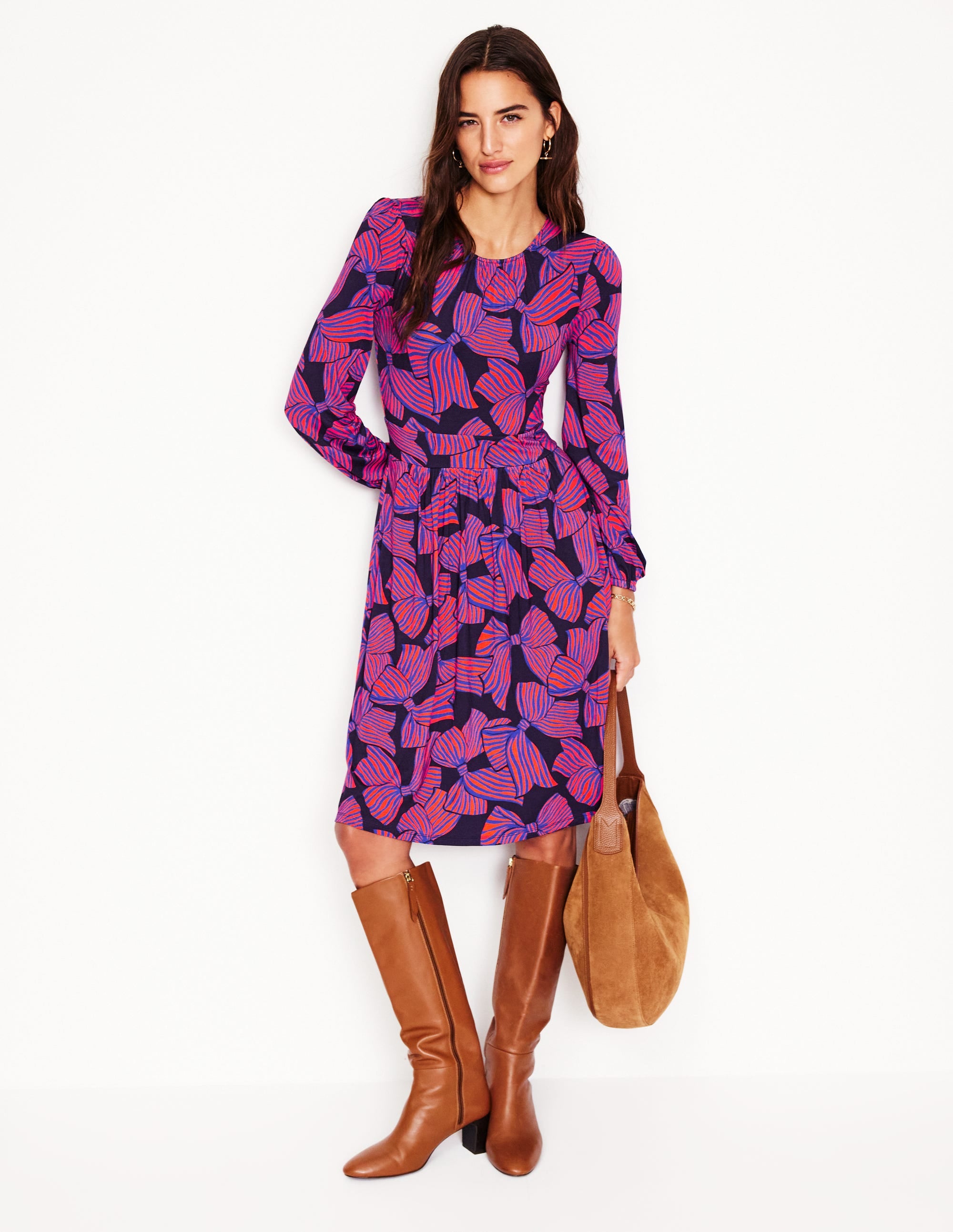 Alexandra Blouson-Jerseykleid-Französisches Marineblau, Großflächiges Schleifenmuster - Image 4