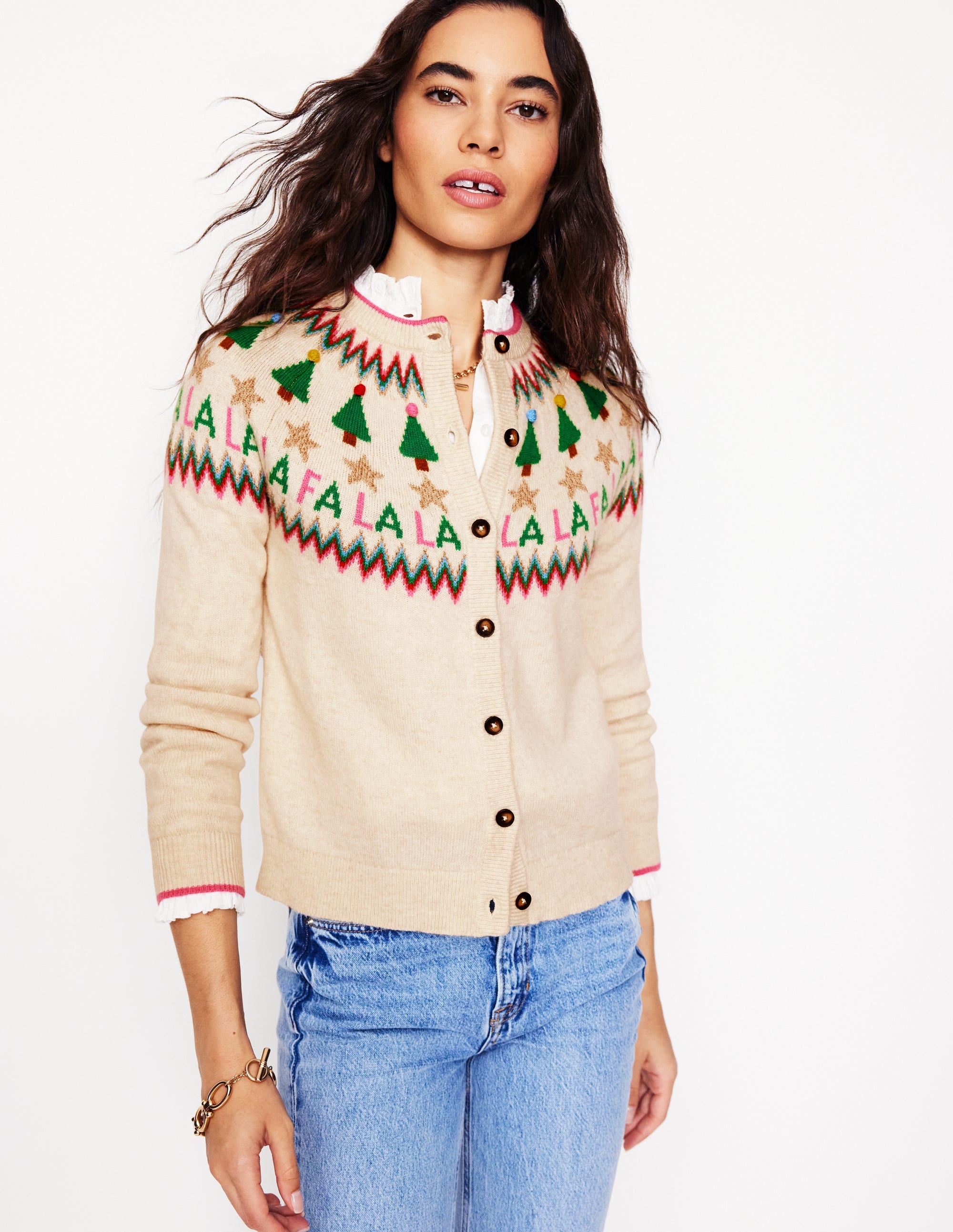 Edie Fair Isle Cardigan-Ecru Marl, Fa La La - Image 1