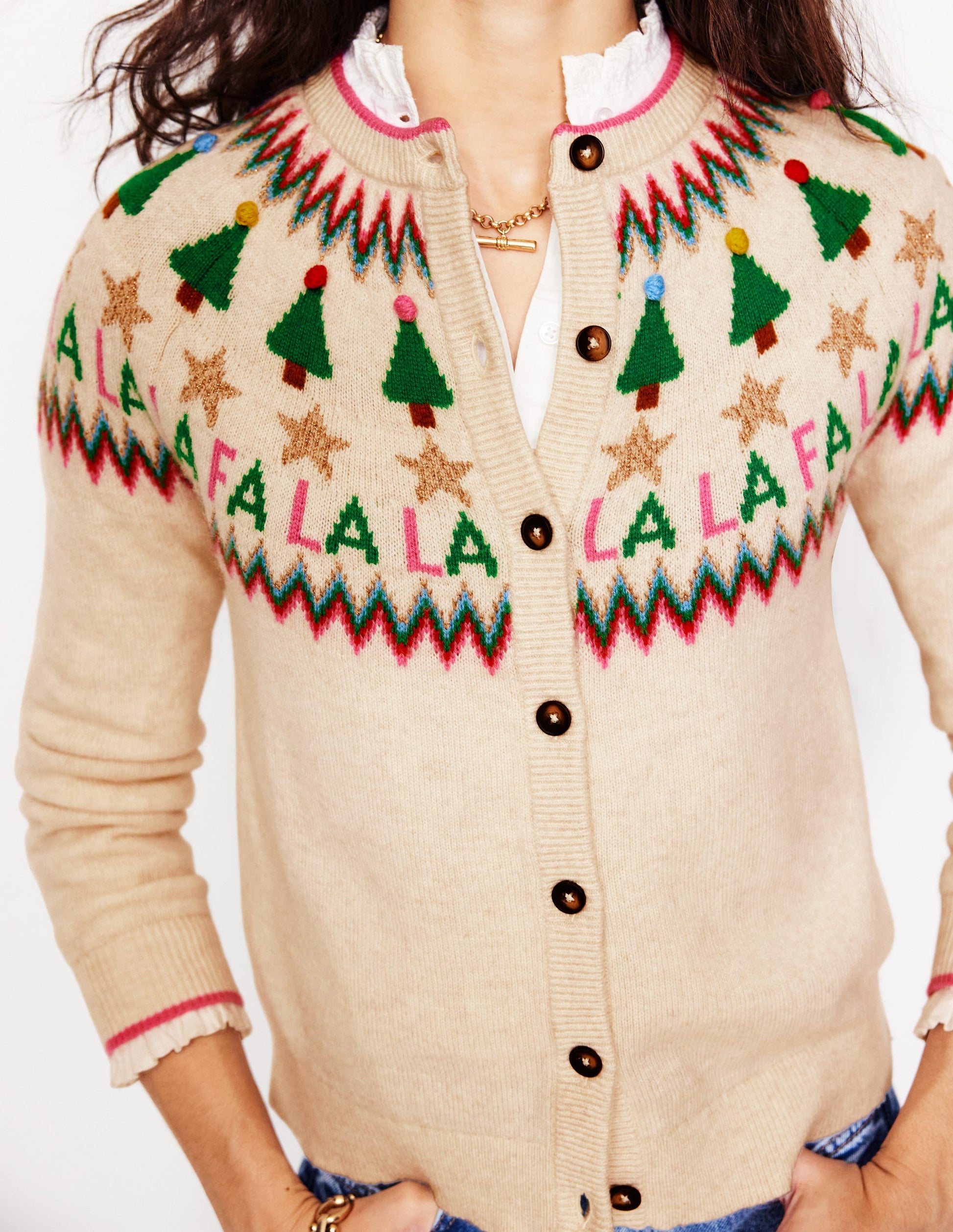 Edie Fair Isle Cardigan-Ecru Marl, Fa La La-2