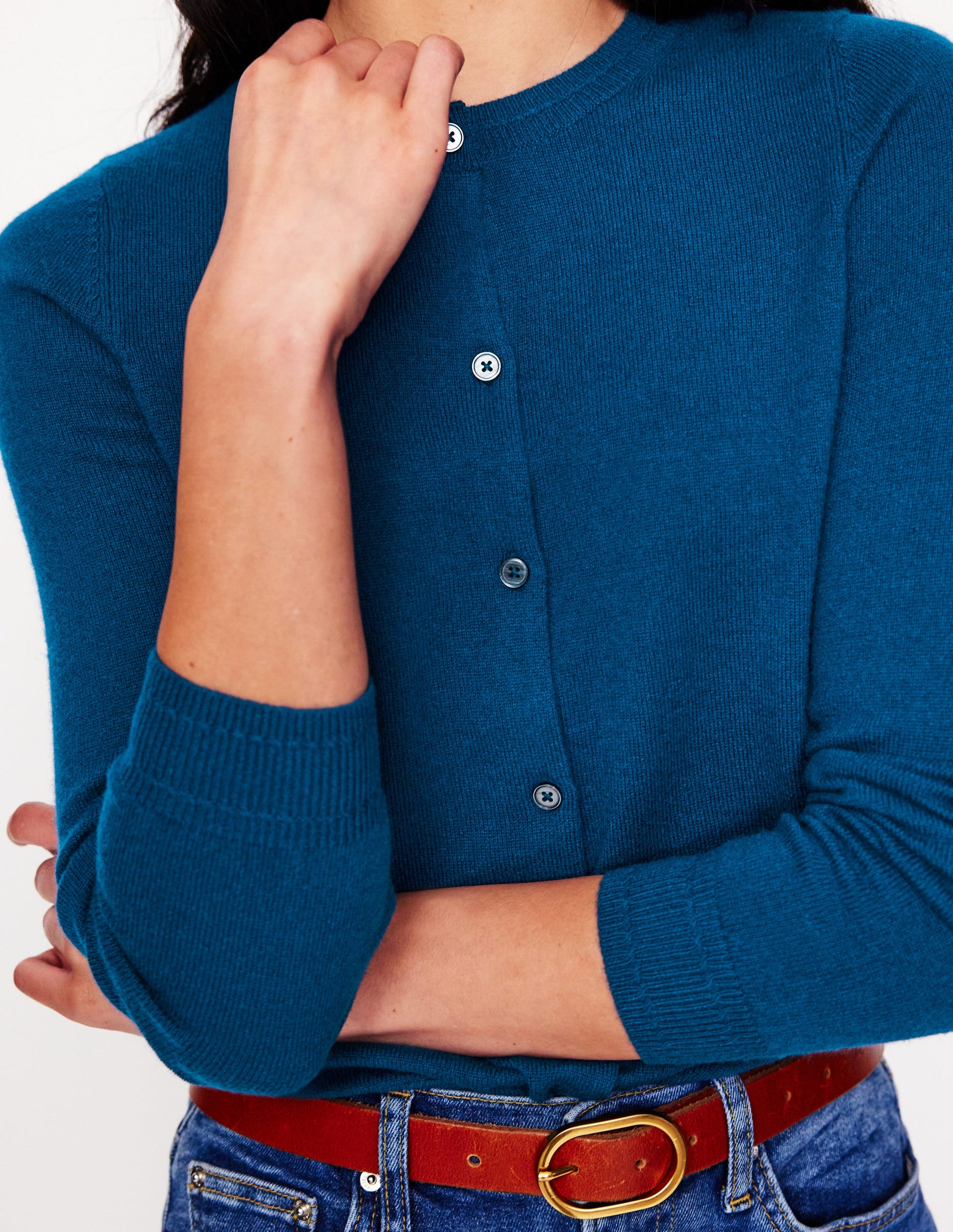 Eva Kaschmir-Strickjacke mit Rundhalsausschnitt-Hafenblau-2