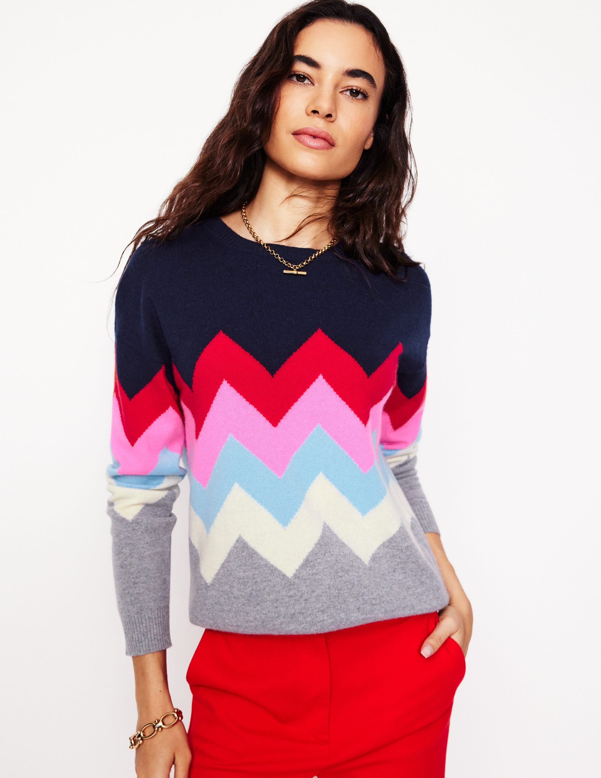 Pull Lydia en cachemire-Bleu marine, zigzag - Image 1