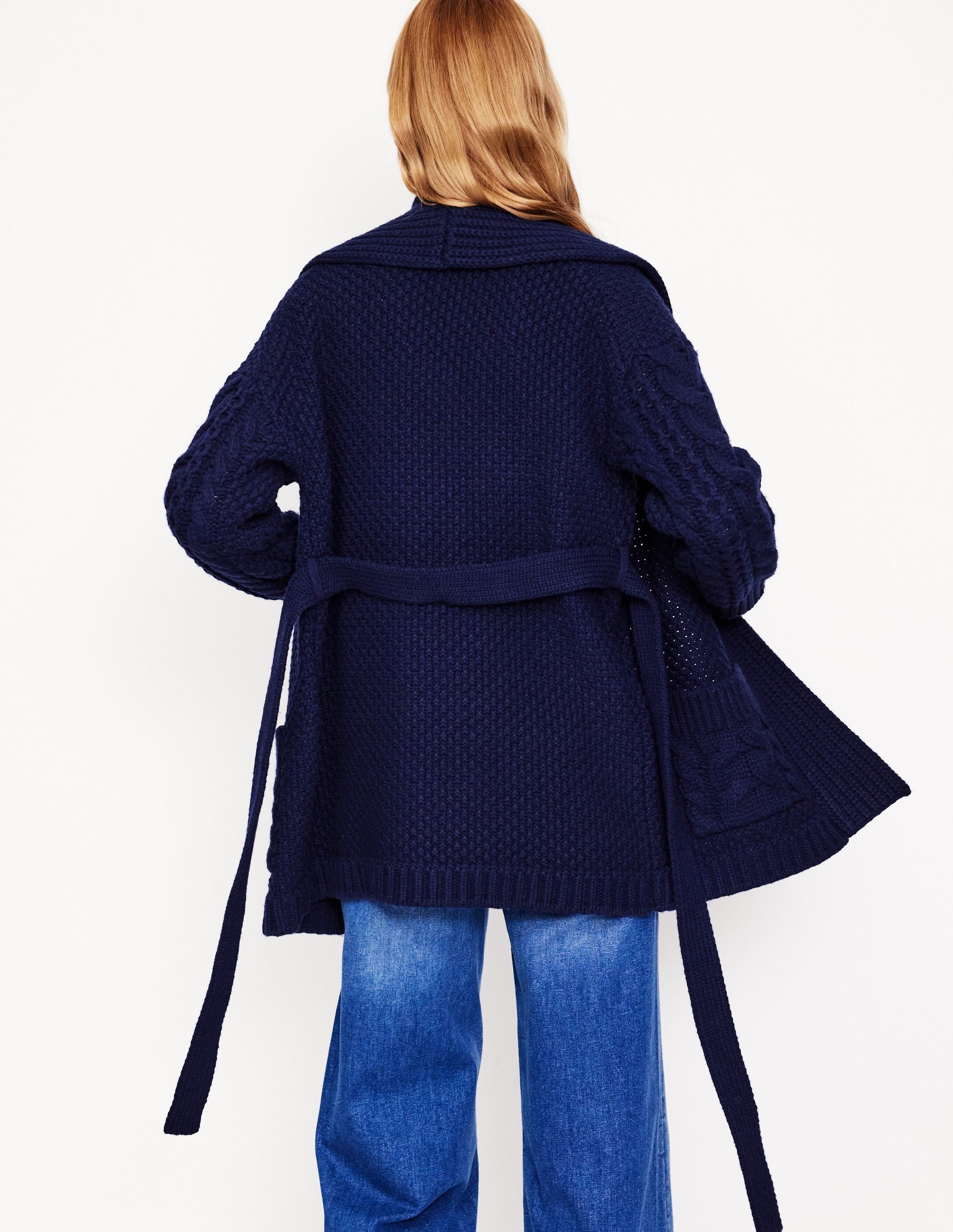 Cable Belted Cardigan-Navy - Image 4