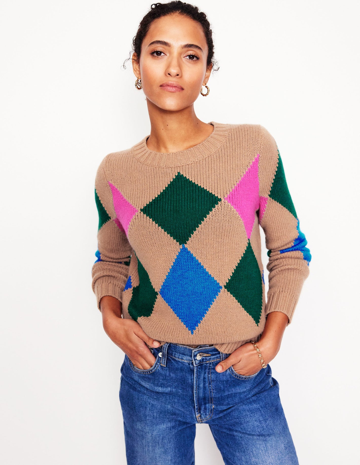 Argyle-Pullover mit Rundhalsausschnitt-Kamelbraun Meliert, Bunt