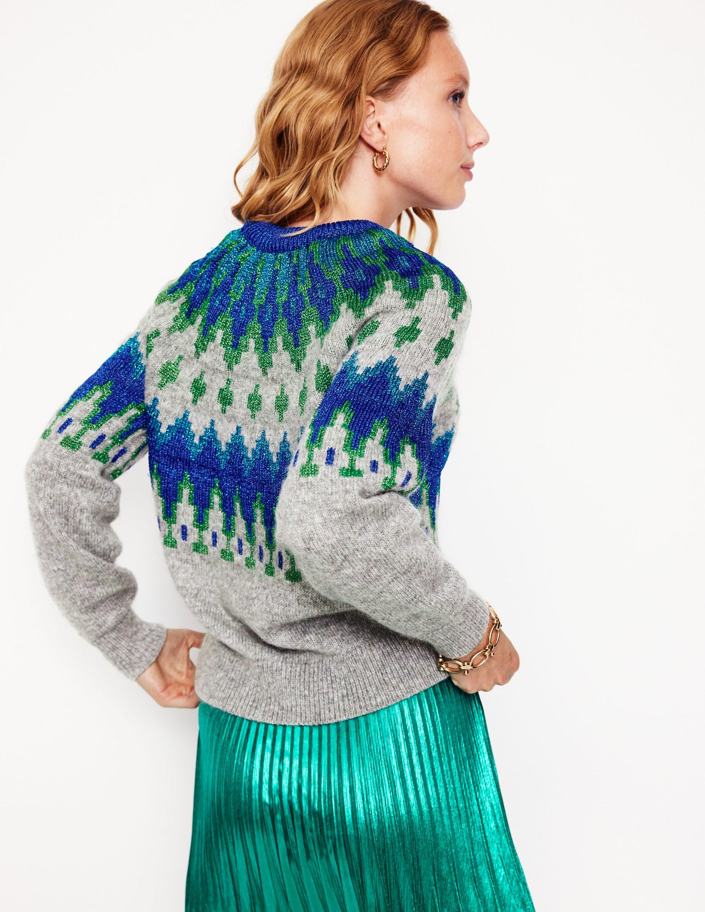 Kat Glitzernder Fair-Isle-Pullover-Grau Melange