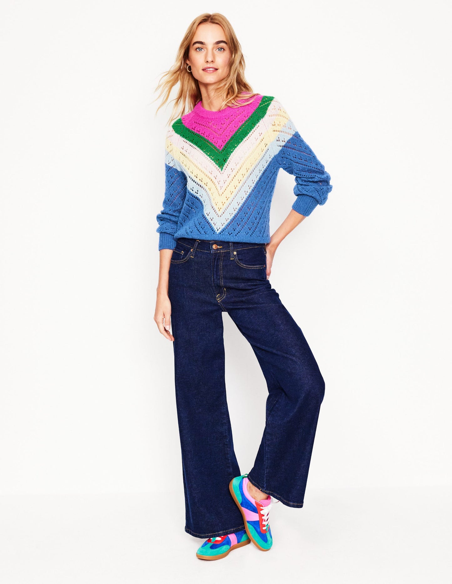 Alice Flauschiger Raglanpullover-Blau und Rosa Chevron