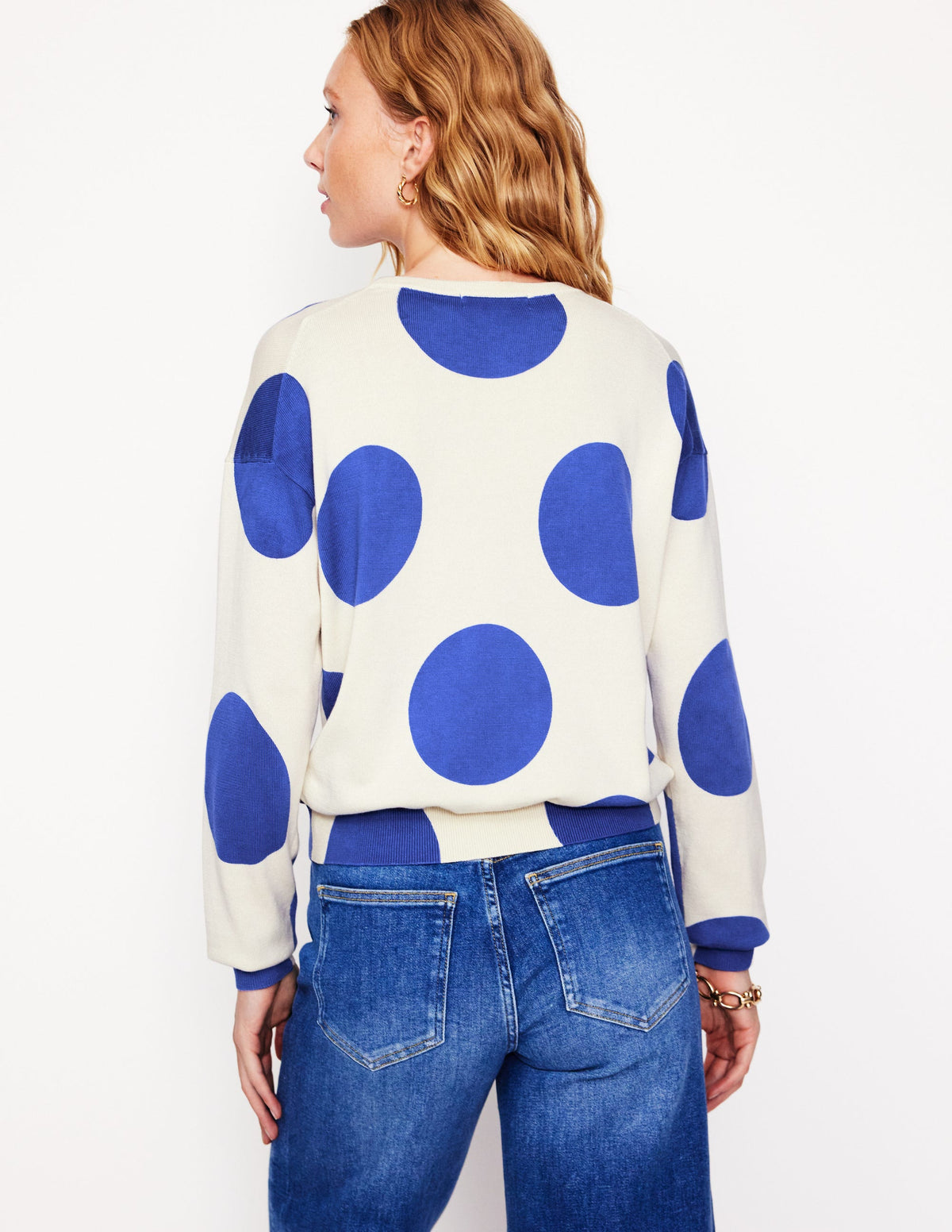 Lara Lockerer Baumwollpullover-Naturweiß/Leuchtendes Blau Punkte - Image 3