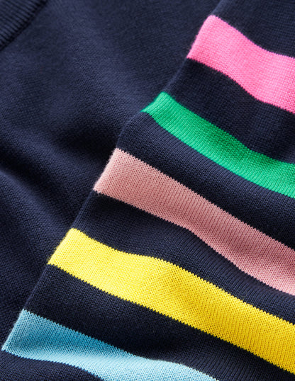 Lara Relaxed Cotton Jumper-Navy Rainbow Sleeve Stripe