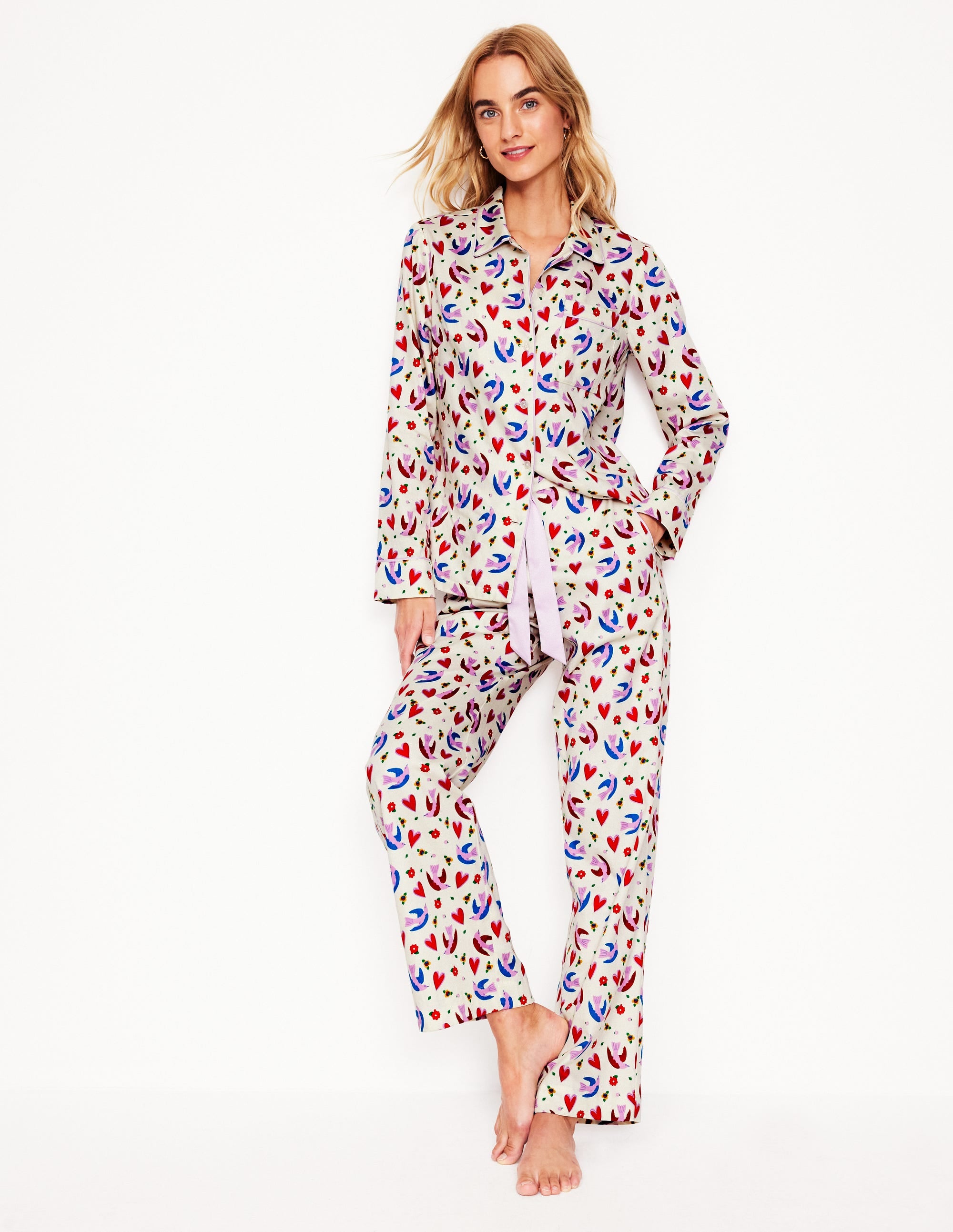 Pantalon de pyjama en satinette de coton-Ivoire, Coeur Battant - Image 1