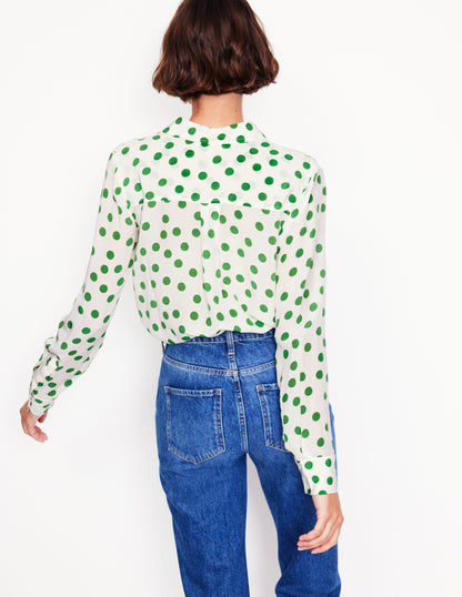 Sienna Silk Shirt-Ivory, Green Abstract Dot