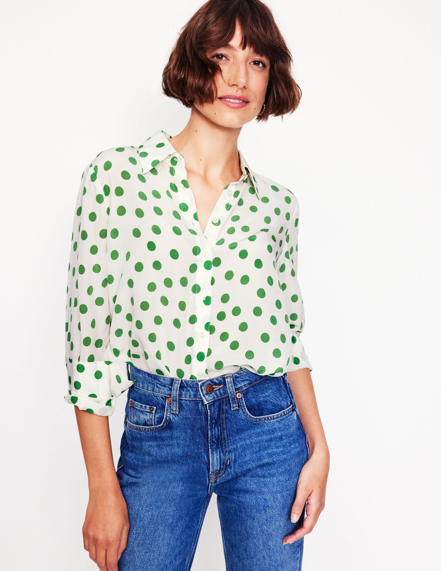 Sienna Silk Shirt-Ivory, Green Abstract Dot