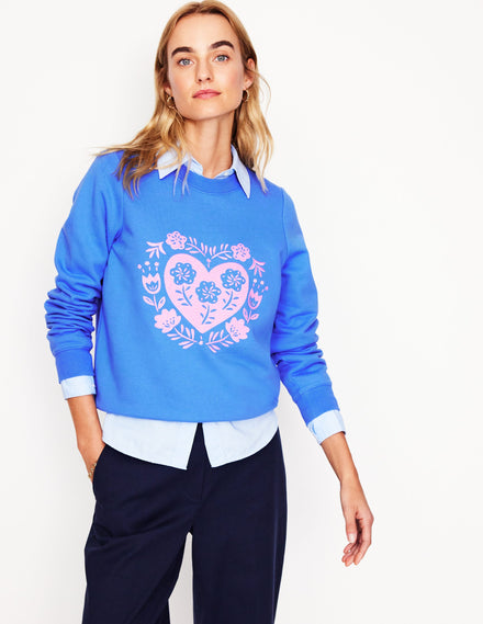 Hannah Sweatshirt mit Stickerei-Pfauenfeder-Blau, Herzen