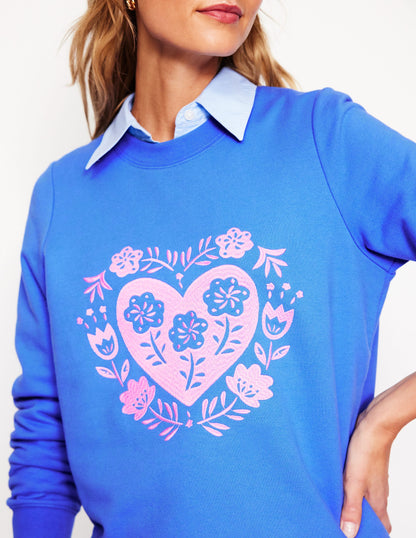 Hannah Sweatshirt mit Stickerei-Pfauenfeder-Blau, Herzen