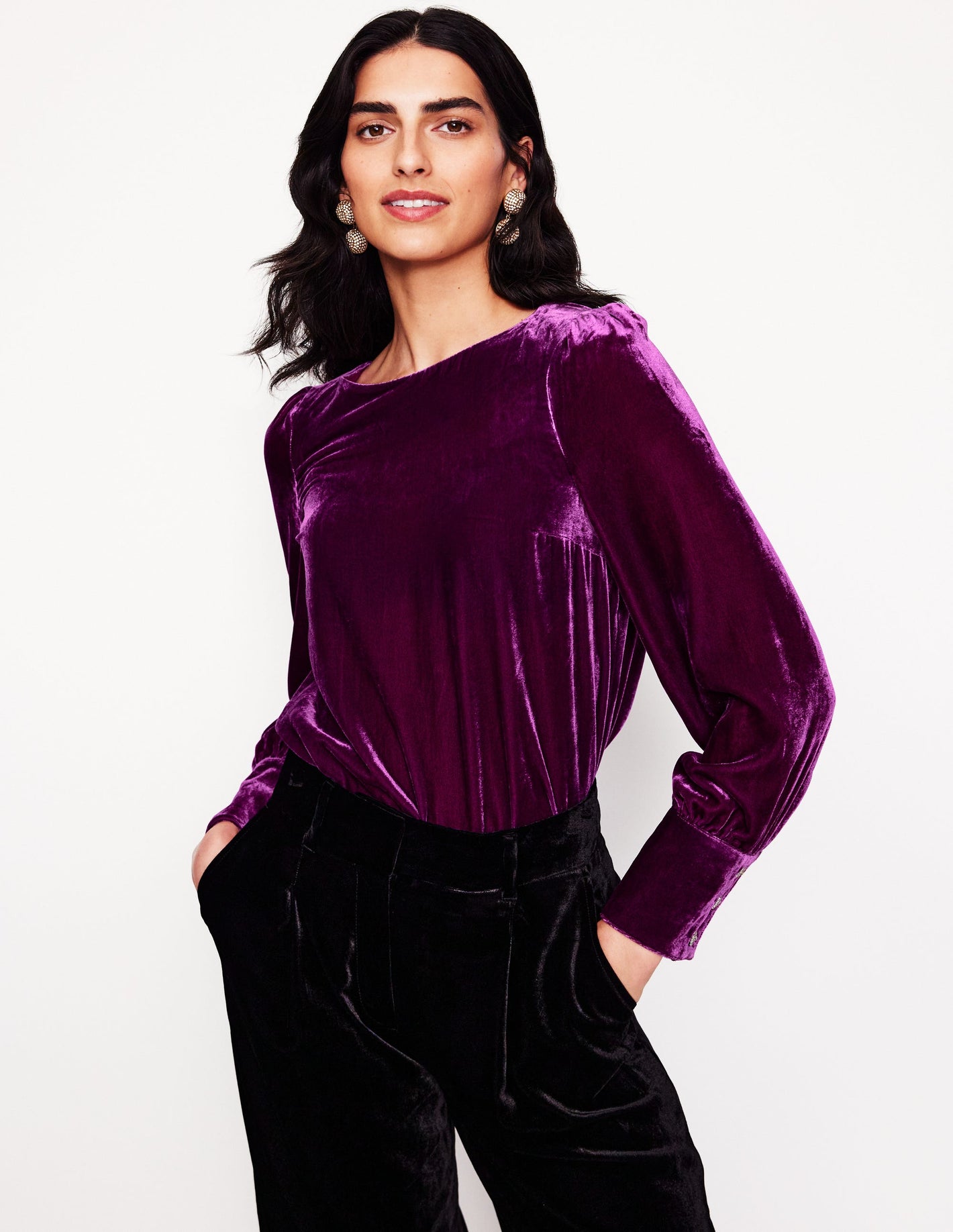 Button Back Velvet Top-Regal Purple