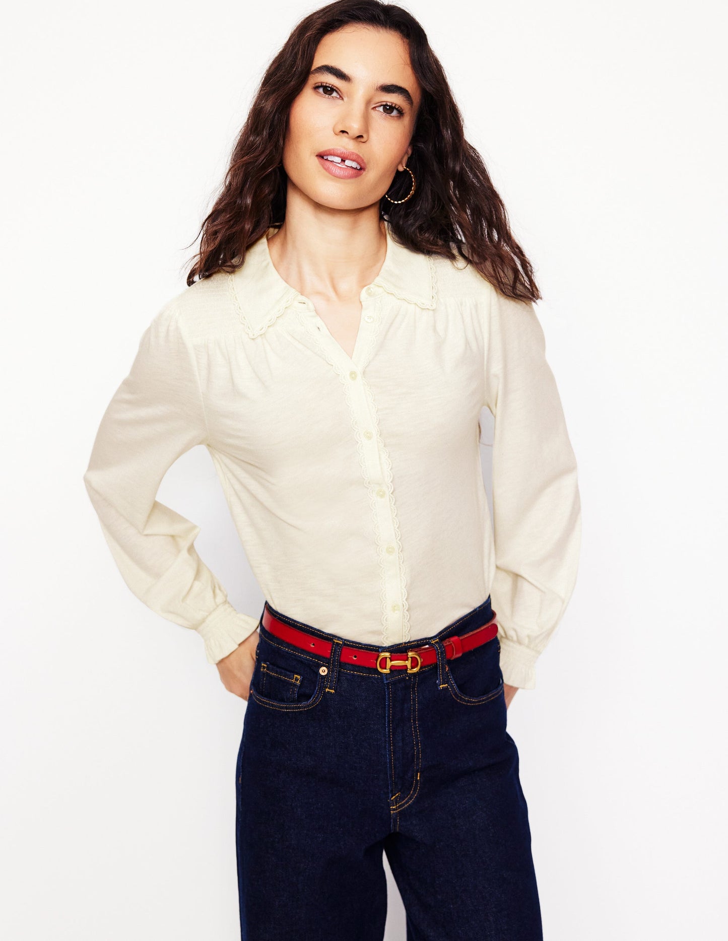 Smocked Jersey Shirt-Ivory