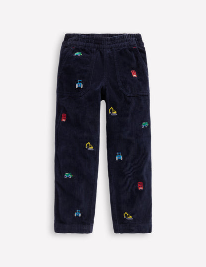 Pantalon à enfiler en velours côtelé-Broderies construction-1