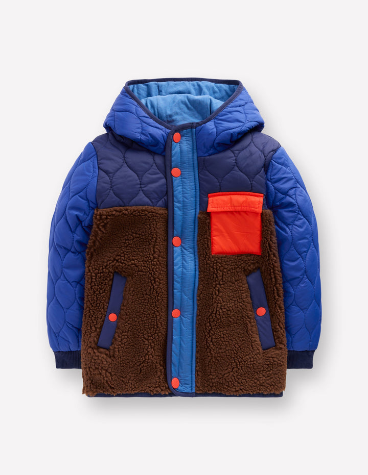 Steppjacke mit Teddyfell-Dunkle Blockfarben