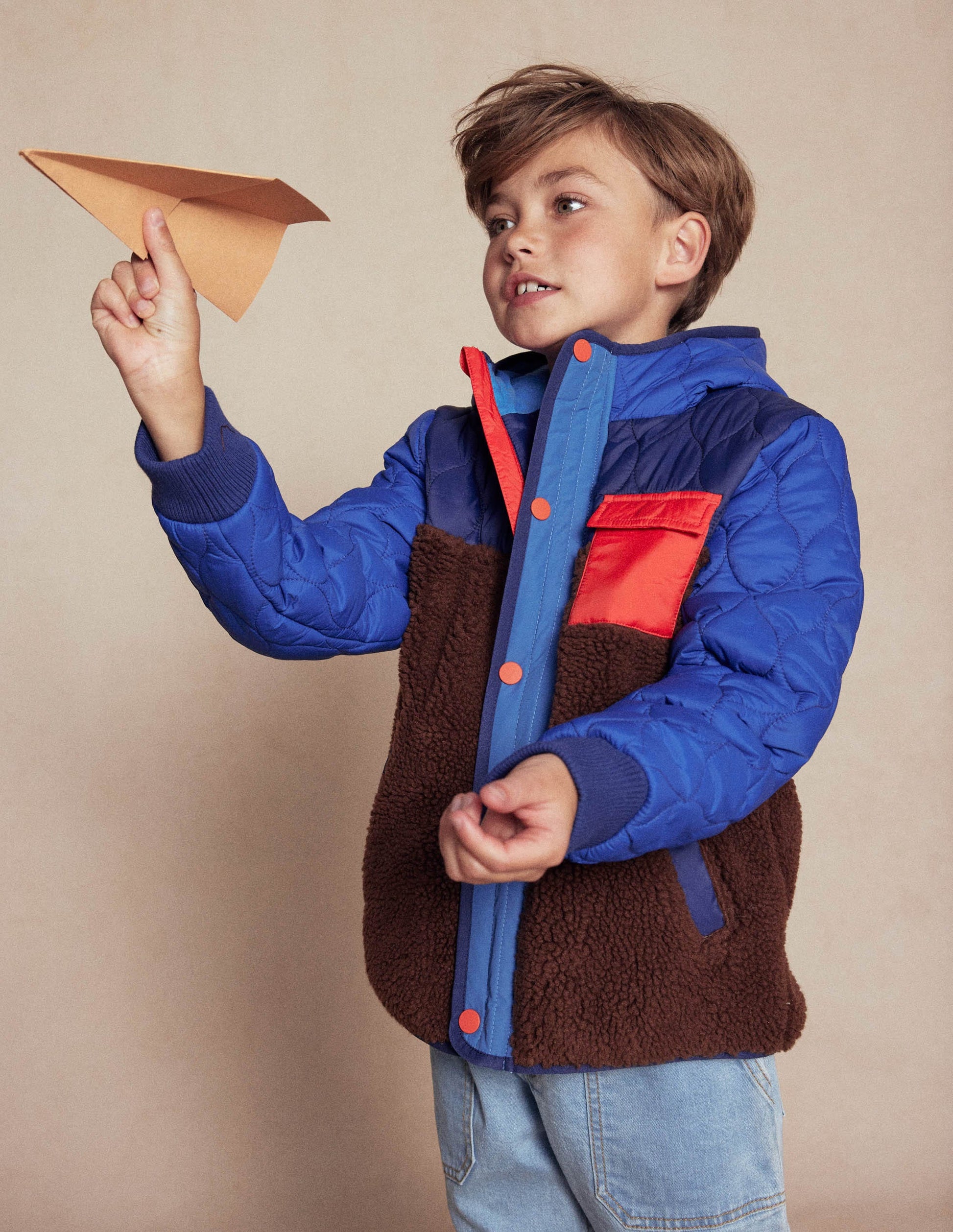 Steppjacke mit Teddyfell-Dunkle Blockfarben-1