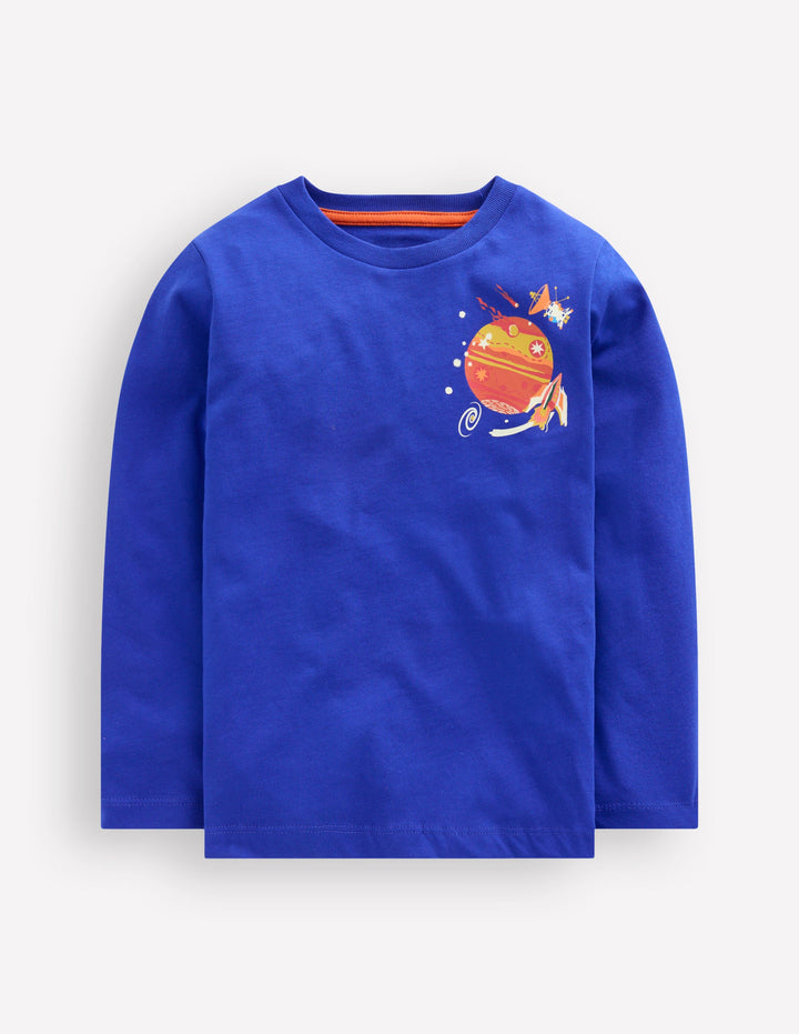 T-Shirt mit Druck auf Vorder- und Rückseite-Saphirblau Weltall