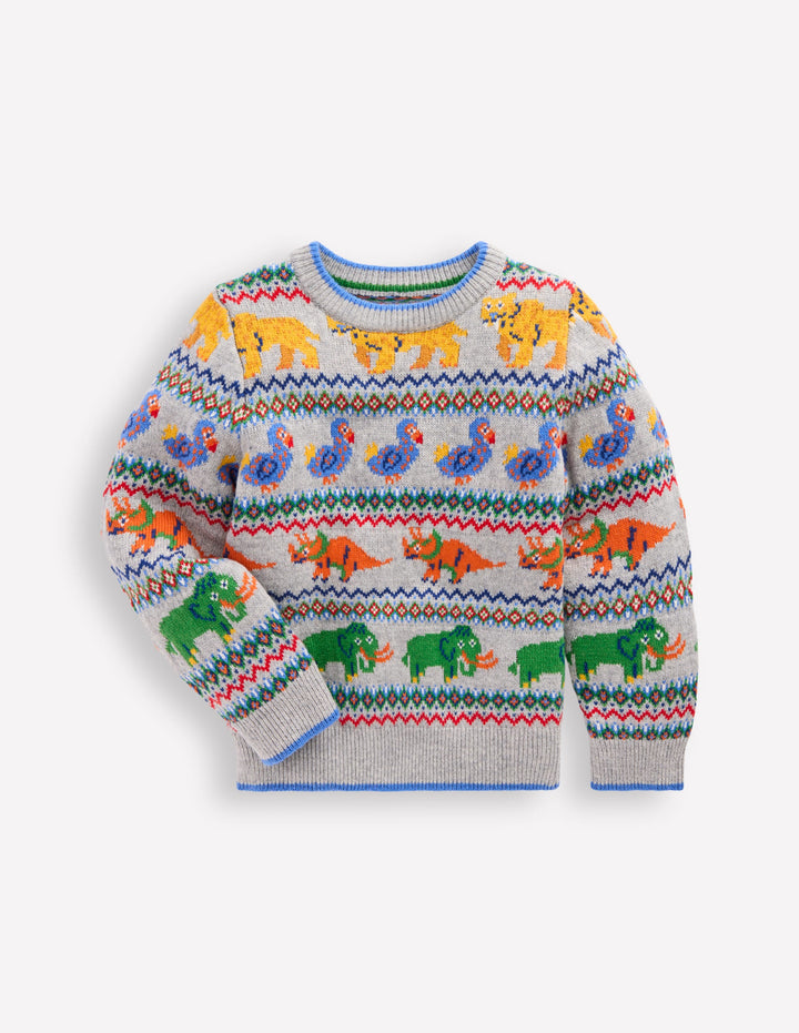 Fair Isle Jumper-Grey Marl Prehistoric Animals