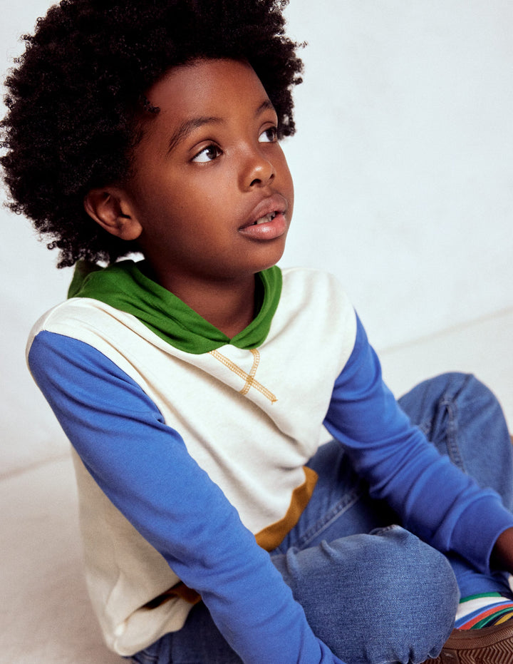 Mittelschwerer Kapuzenpullover-Haferbeige meliert/Flussblau