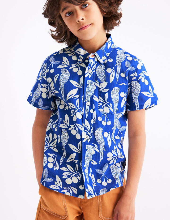 Chemise en coton et lin-Motif Parrot Palm bleu