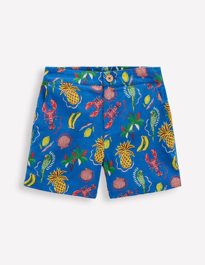Shorts aus Baumwollleinen-Leuchtendes Blau Tropische Kacheln