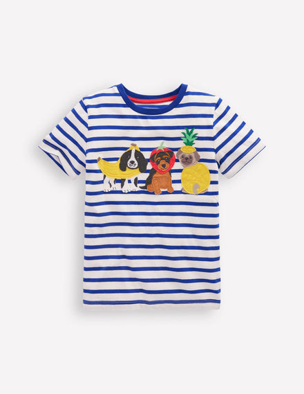 T-Shirt mit Applikation-Leuchtendes Blau Streifen Obst Hunde