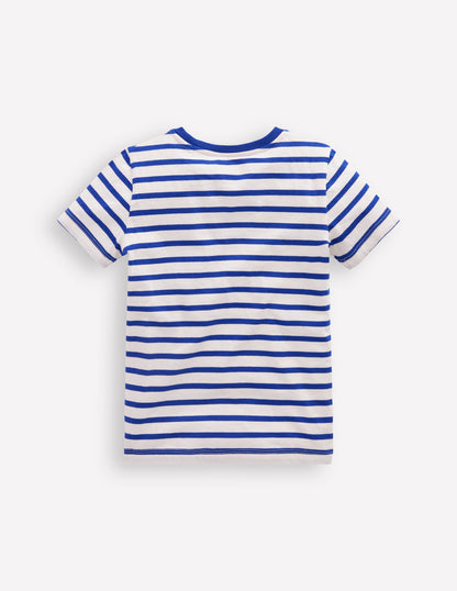 T-Shirt mit Applikation-Leuchtendes Blau Streifen Obst Hunde