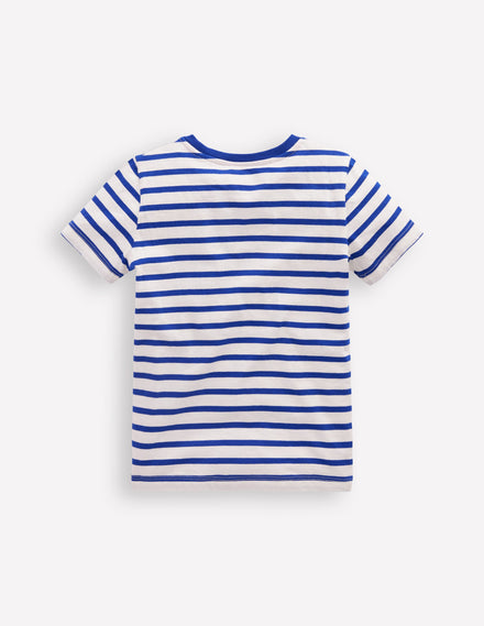 T-Shirt mit Applikation-Leuchtendes Blau Streifen Obst Hunde