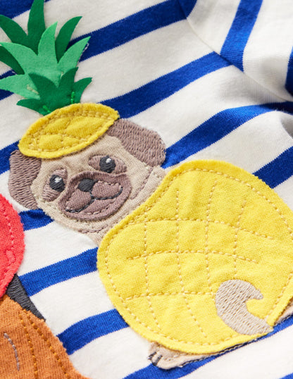 T-Shirt mit Applikation-Leuchtendes Blau Streifen Obst Hunde