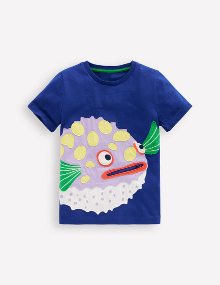 T-Shirt mit Reißverschlussapplikation-Leuchtendes Blau Kugelfisch