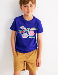 T-shirt manches courtes à imprimé riso-Poissons bleu héron