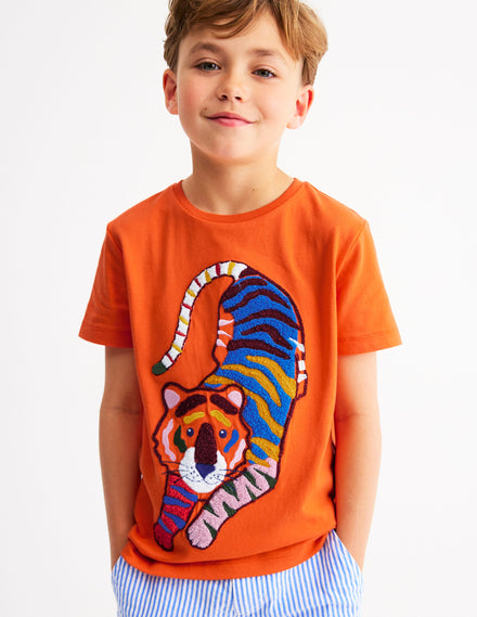 T-Shirt mit Kreuzstich-Korallenrot Tiger